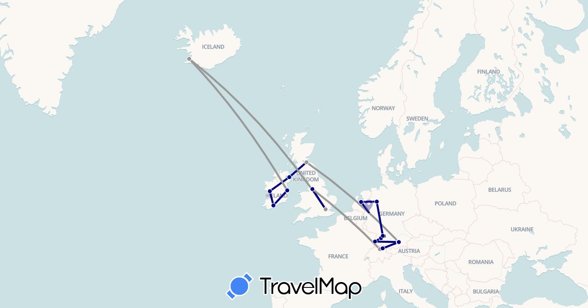 TravelMap itinerary: driving, plane in Switzerland, Germany, United Kingdom, Ireland, Iceland, Netherlands (Europe)